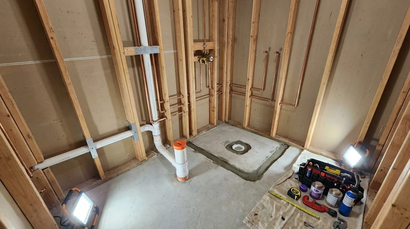 Bathroom rough-in plumbing during remodel by Johns Plumbing LLC in Piru