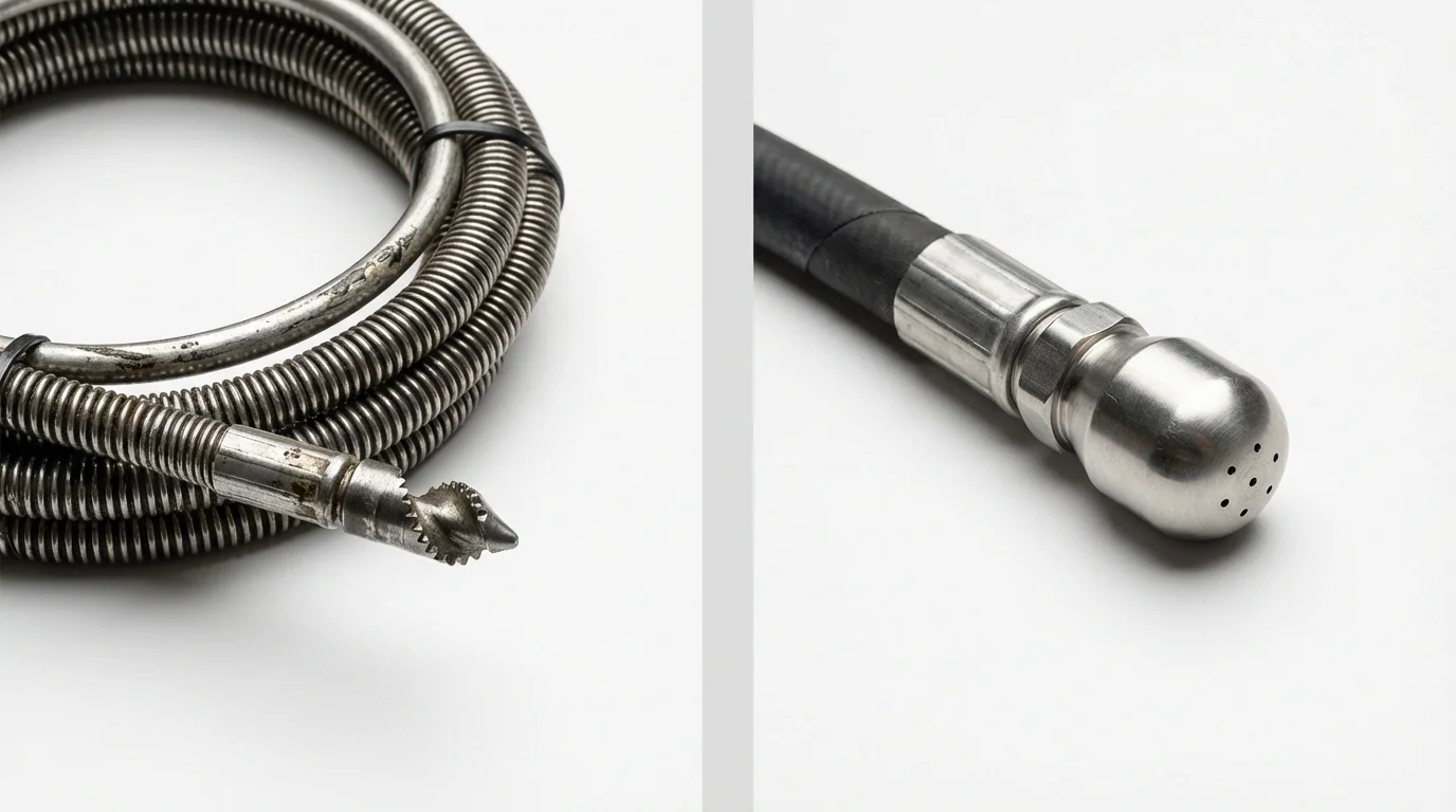 Drain snake cable and hydro jetting nozzle used for drain cleaning in Piru, CA