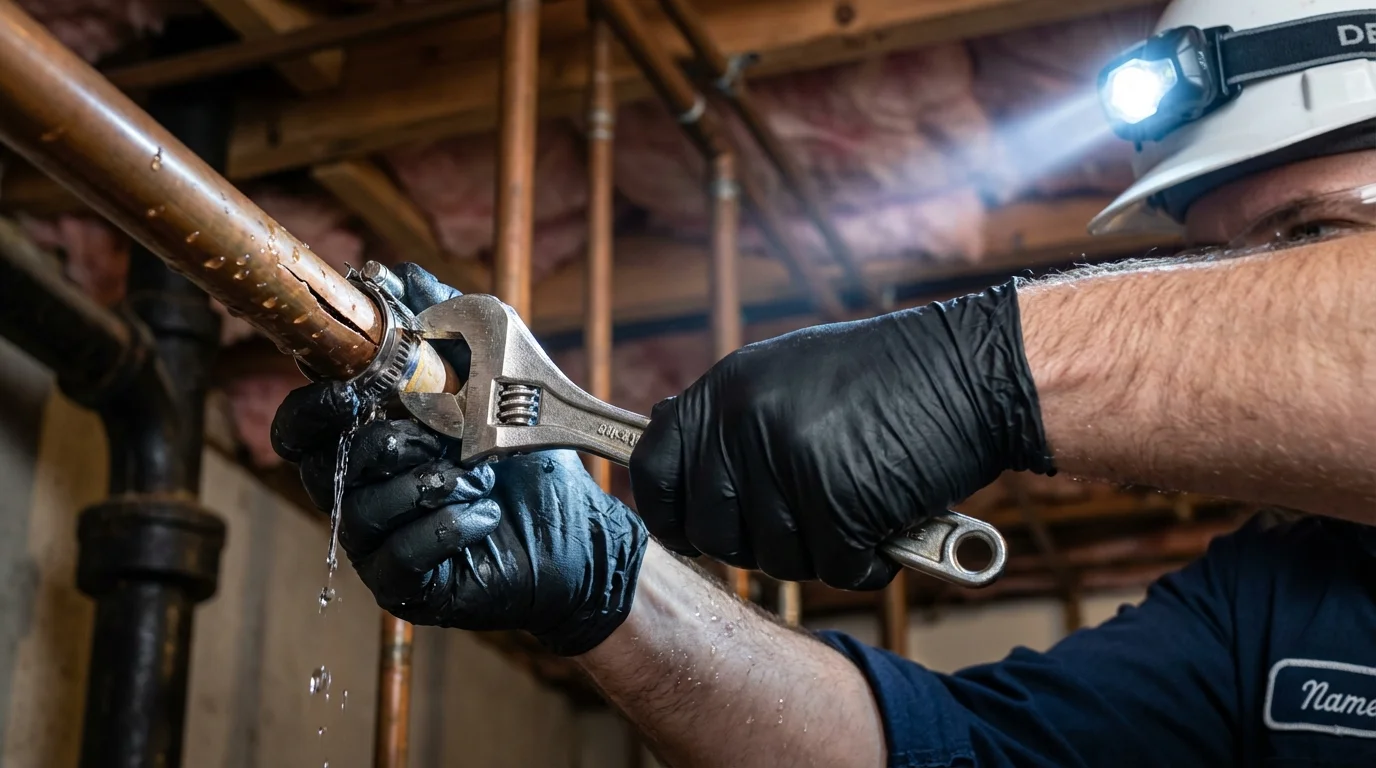 Emergency pipe clamp repair being performed by a Johns Plumbing LLC plumber in Piru