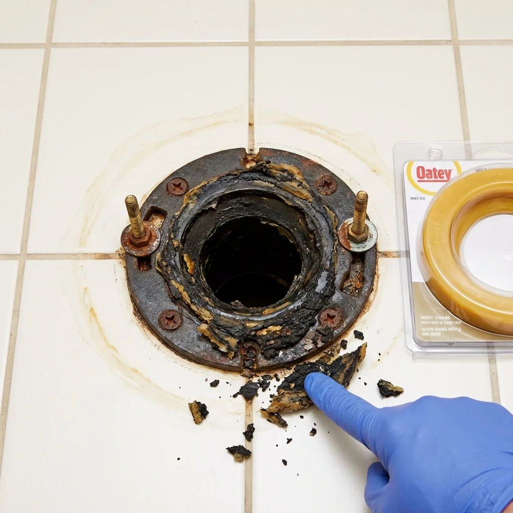Failed wax ring showing water seepage at the base of a toilet in a Piru, CA home