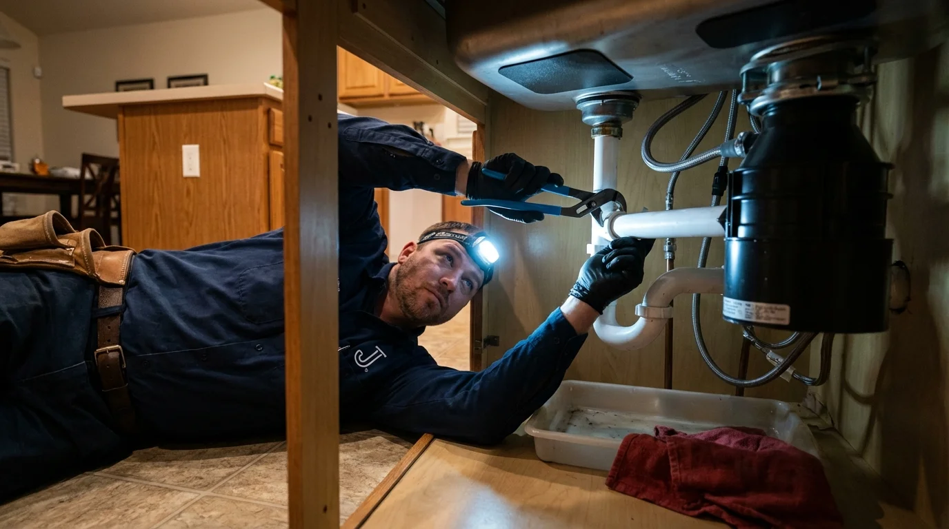 P-trap and supply line connections under a kitchen sink showing a common leak point in Piru, CA